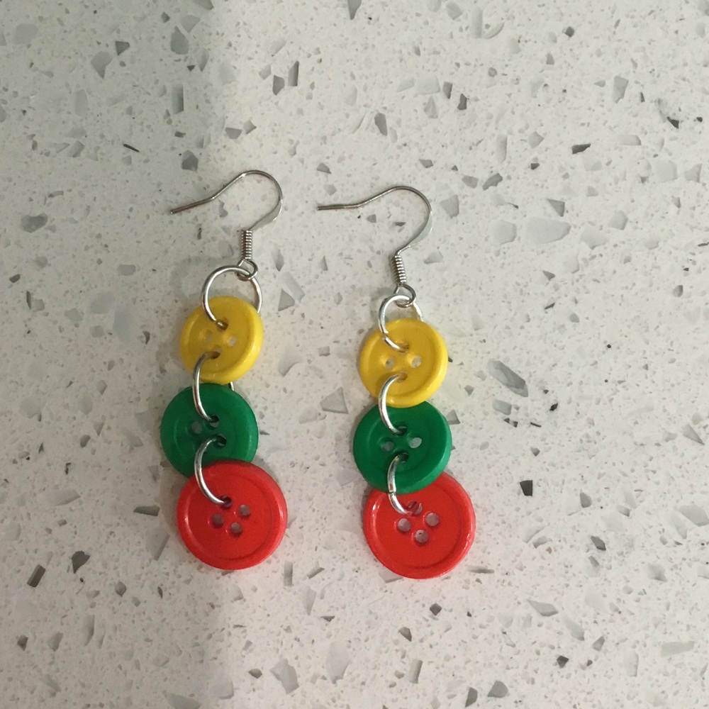 Colorful Button Drop Earrings – Yellow, Green & Red